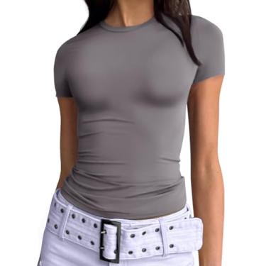 Imagem de Trendy Queen Camisetas femininas básicas de gola redonda manga curta tops bonitos de verão camisetas slim fit roupas Y2k 2024, Cinza 02, P
