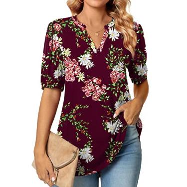 Imagem de Anyally Camisetas femininas de verão bufante manga curta elegante casual gola V blusa bonita para o trabalho, Decote em V - vinho floral, 5G