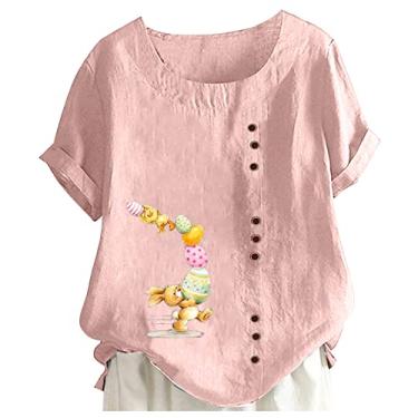 Imagem de Camiseta de Páscoa feminina de linho com estampa de coelho, manga curta, gola redonda, túnica, caimento solto, camisa de verão, rosa, XXG