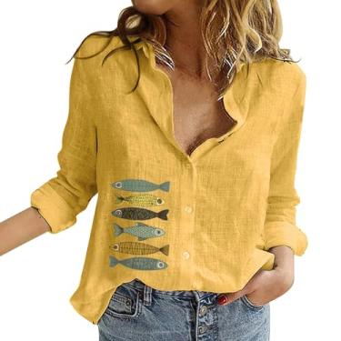 Imagem de Camiseta feminina de linho com estampa de peixe, gola V, botões, manga comprida, cor sólida, túnica de verão, Amarelo, XXG