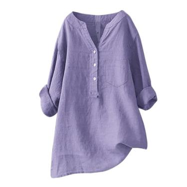Imagem de Camiseta feminina de linho Henley Pocket Blusas Plus Size manga longa cor sólida verão túnica, Roxa, 5G