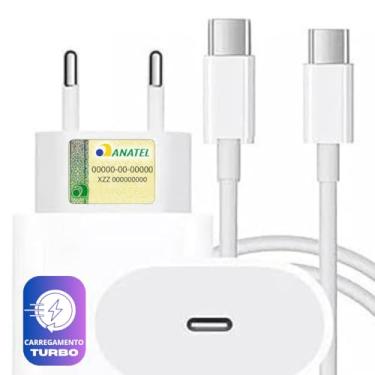 Imagem de Carregador Turbo Compativel c/Novo iPhone 16, 16 pro, 16 pro max, iPhone 15, 15 pro, 15 pro max, IOS/Android, 5.0 Super Rapido, Fonte Entrada Tipo-C + Cabo USB-C Fast Charge, Certificado UTBRX