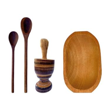 Imagem de Kit 2 Colheres de pau N2(33CM), N3(38CM), 1 Pilão e 1 Gamela