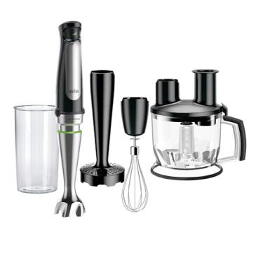Imagem de Braun MultiQuick MQ7077 Mão de imersão 4 em 1, potente liquidificador de aço inoxidável 500W, velocidade variável + processador de alimentos de 6 xícaras, batedor, copo, espremedor, mistura mais rápida