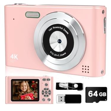 Imagem de Câmera digital FHD 1080P com cartão de 32 GB, aponte e fotografe 44 MP com zoom de 16X anti-vibração - presente portátil para crianças, meninas, meninos e adolescentes (rosa)