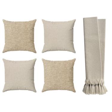 Imagem de Kit 4 Capas De Almofadas 70x70 Grandes Bege Cru + Manta Para Sofá Luxo