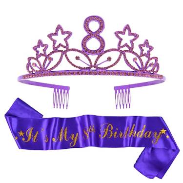 Imagem de Tiara de aniversário de 8 anos e faixa roxa, presentes de aniversário de 8 anos para menina, feliz artigos de festa de aniversário de 8 anos, 8 e fabulosa faixa de cetim com glitter e tiara de cristal coroa de aniversário para festa de 8 anos