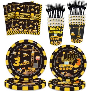 Imagem de 100 Pcs Construction 3rd Birthday Party Supplies Dump Truck Theme Three Decorations Tableware Includes Plates, Cups, Napkins for Boys Construction Three Years Old Birthday Party Decorations Favors