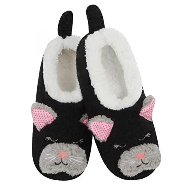 Imagem de Snoozies Skinnies Pantufa Animal Barn – Chinelos aconchegantes e dobráveis para mulheres, meias antiderrapantes para viagens e ambientes internos, Gato preto, Medium