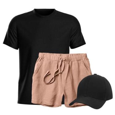 Imagem de Conjunto Camiseta + Short Linho Masculina + Bone Aba Curva - RELAXADO,