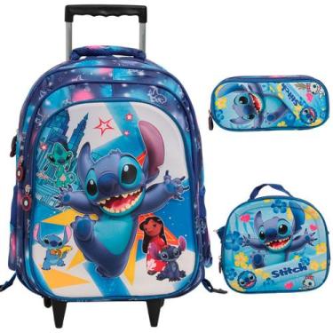 Imagem de Kit Mochila Rodinha Lancheira Estojo Infantil Stitch 3D - Plike