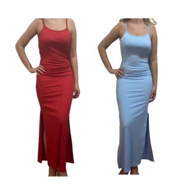 Imagem de Kit c/2 Vestidos Longo Canelado com Fenda - Empório J, Vermelho, Azul 
