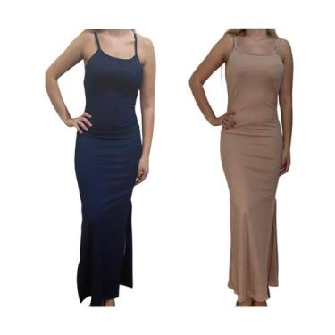 Imagem de Kit c/2 Vestidos Longo Canelado com Fenda - Empório J, Marinho, Areia,