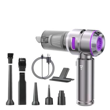 Imagem de Aspirador de pó portátil sem fio com motor sem escova, aspirador portátil de 15000 pa, soprador de pó e bomba manual, 3 em 1, sucção ajustável em 3 velocidades, para carro, escritório, casas (roxo)