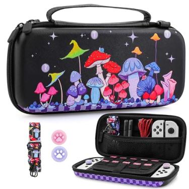 Imagem de PAWDIARY Estojo de transporte de cogumelo para Nintendo Switch e console OLED, estojo rígido de viagem preto, bolsa de transporte com alça de ombro, capa de polegar para acessórios Nintendo Switch