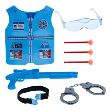Imagem de Kit Fantasia Policial Infantil, Colete Azul, Algemas, Óculos, Arma de Brinquedo e Acessórios, 7 Peças - INMETRO