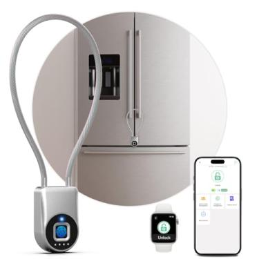 Imagem de Dhiedas Cadeado Eletrônico Biométrico com Impressão Digital, Cadeado com Cordão Longo de 15 cm, Resistente à Água, Bluetooth, para Portão, Cerca, Geladeira, Capacete, em Preto, Azul e Prata