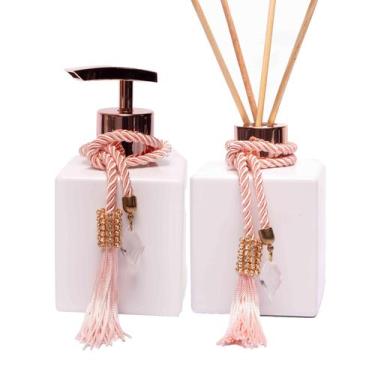 Imagem de Kit Lavabo Vidro Cubo Branco 250ml Banheiro Difusor Porta Saboneteira 