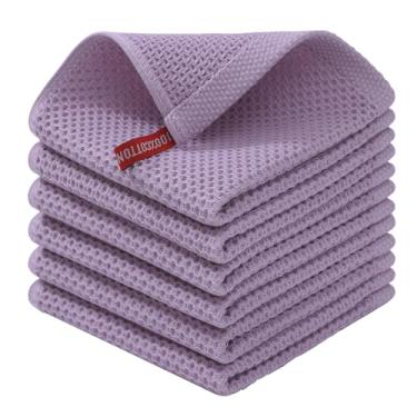 Imagem de Pano de prato Kitinjoy 100% algodão, kit com 6 unidades, tecido waffle, ultramacio e absorvente, secagem rápida, 30,5 x 30,5 cm, lavanda