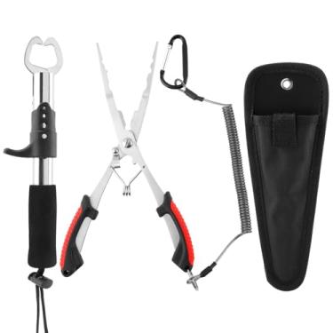 Imagem de QWLWBU Conjunto de equipamento de pesca, alicate de pesca de nariz longo de aço inoxidável 21,6 cm, conjunto de alicates e pinças de pesca, garra de lábio de peixe, cordão e bainhas telescópicas,