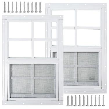 Imagem de Pacote com 2 janelas brancas de 61 cm x 91 cm com vidro temperado e tela de fibra de vidro para galinheiros galinheiros celeiros