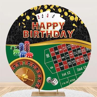 Imagem de DORCEV 2 x 2 m Casino Happy Birthday Round Backdrop Cover Table Chip Poker Dice Playing Cards Roulette Background for Photography Las Vegas Casino Night Theme Gambling Man Birthday Photo Background