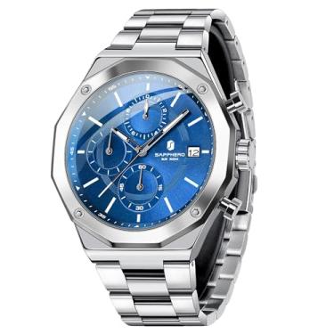 Imagem de SAPPHERO Relógios masculinos octogonais de quartzo de aço inoxidável, relógio masculino, resistente à água, movimento analógico, mostrador multifuncional, presentes masculinos clássicos, Prateado,