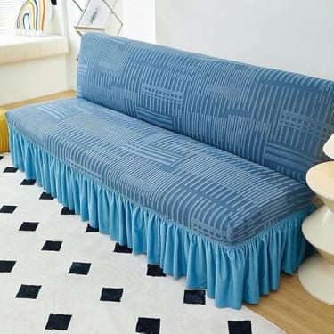 Imagem de Capa de futon sem braços com saia de babados, sofá-cama futon altamente elástica(Blue,Medium (160-190cm))
