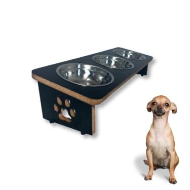 Imagem de Comedouro Elevado Inclinado Triplo Inox Em Mdf Gato Cachorro (Preto)