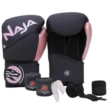 Imagem de Luva de Boxe/Muay Thai Naja Extreme + Bandagem + Protetor Bucal + Bandagem Extra Sortida (Preto/Rosa, 14 OZ)