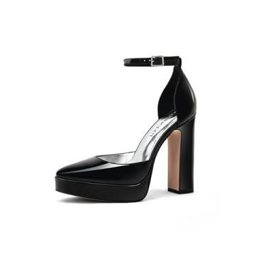 Imagem de MOTIMODEN Sapato feminino plataforma salto alto grosso bico fechado tira no tornozelo fivela salto redondo bico fino festa de casamento sapatos sociais confortáveis para mulheres, Preto, 40