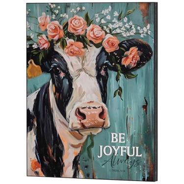 Imagem de Dicksons Vaca preta e branca - Be Joyful Always 1 Thessalonians 5:16 MDF placa decorativa de parede 35 x 28 cm