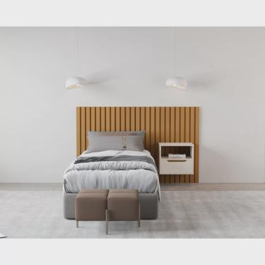 Imagem de Cabeceira Ripada Maracá Solteiro com 1 Mesa de Cabeceira Jatobá com Puxador Usinado