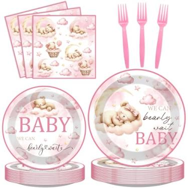 Imagem de VorkiVecKi Bear Disposable Party Plates - 96 Pcs Pink We Can Bearly Wait Baby Shower Decorations for Girls Cute Gender Reveal Napkins Forks Tableware Set Supplies Shortcake Dinnerware Serves 24 Guests