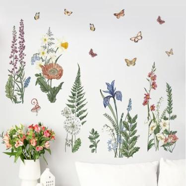 Imagem de Yovkky Adesivos de parede primavera verão flores samambaias, borboleta floral botânica natural, decoração de quarto, planta flores silvestres sazonais sala de estar cozinha decorações arte