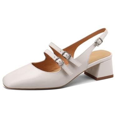 Imagem de XIEDA Sandália feminina de couro genuíno com salto baixo e salto quadrado fechado Mary Janes, Bege, 38