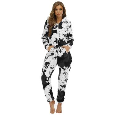 Imagem de Pijama feminino de vaca para adultos, fofo, cosplay, com capuz, térmico, felpudo, engraçado, com zíper, peça única, Preto, branco, M