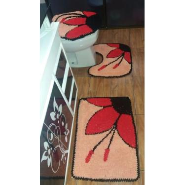 Imagem de Tapete de frufru Personalizado Banheiro 3 Peças Flor Vermelha Fundo Al