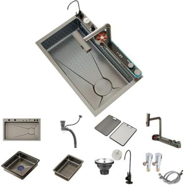 Imagem de Pias De Cozinha Undermount Pia De Cozinha Pia De Aço Inoxidável Conjunto De Pias De Cozinha De Tigela única Display Led Torneira Inteligente Integrada, One Color, 75x45CM