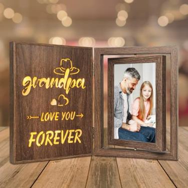 Imagem de EYITUPC Porta-retrato Light Up Grandpa – Moldura giratória de madeira brilhante comporta 2 fotos de 10 x 15 cm – presentes para vovô dos netos para o dia dos pais, aniversário ou Natal – acabamento