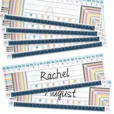 Imagem de Etiquetas de nome de mesa Boho para sala de aula, 25 placas de nome de alunos com frações de tabelas de multiplicação do alfabeto, placas de nome de professores para sala de aula, jardim de infância