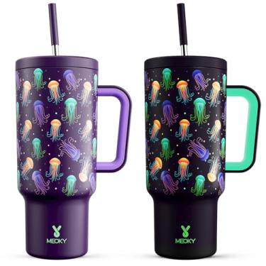 Imagem de Meoky Copo de 1,134 g com alça e canudo: copo que brilha no escuro com tampa e canudo - copo isolado de aço inoxidável para porta-copos de carro - viajantes trabalhadores, água-viva