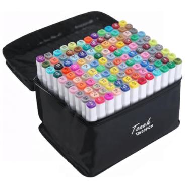 Imagem de Kit Caneta Colorida Ponta Dupla com Estojo – 24, 36, 80 ou 120 Peças (Corpo Preto ou Branco) (120)