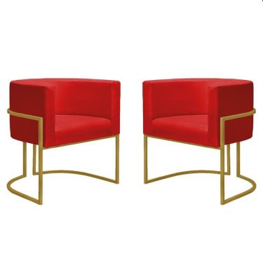 Imagem de Kit 2 Poltronas Reforçadas Decorativa Sala Nayara Base Ferro Dourado Suede Vermelho