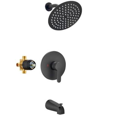 Imagem de GGStudy Conjunto de torneira de chuveiro preto torneira de chuveiro com 20 cm redondo cabeça de chuveiro de chuva e bico de banheira conjunto completo de torneira de chuveiro incluído válvula de