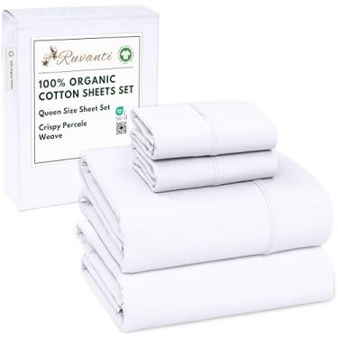 Imagem de RUVANTI Lençóis 100% Algodão Orgânico Tamanho Queen, Trama Percal, Certificação Gots, Conjunto De 4 Peças, Bolso Profundo 15", Fresco E Respirável, Roupa Cama Macia Durável, Sábanas Algodón Orgánico