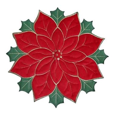 Imagem de SYROVIA Conjunto de jogo americano redondo de Natal - Base de copos festiva floral creme e dourado/vermelho e verde - Tapete decorativo de linho bordado com flores de poinsétia, tapete decorativo