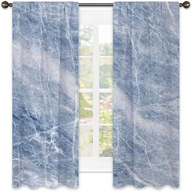 Imagem de Cortinas blecaute de mármore para quarto - Cortinas escurecidas com isolamento térmico para sala de estar, L 132 x C 137 cm azul claro branco