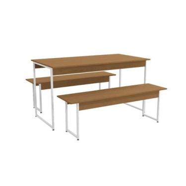 Imagem de Mesa p/ Cozinha Industrial LI013 c/ Tampo Madeirado 136x72cm c/ 2 Banc