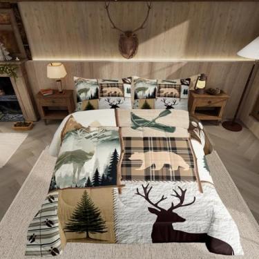 Imagem de Feelyou Conjunto de cama queen rústico com animais selvagens, casa de fazenda, animais selvagens, natureza, vida selvagem, lã e caça, conjunto de edredom de microfibra macia